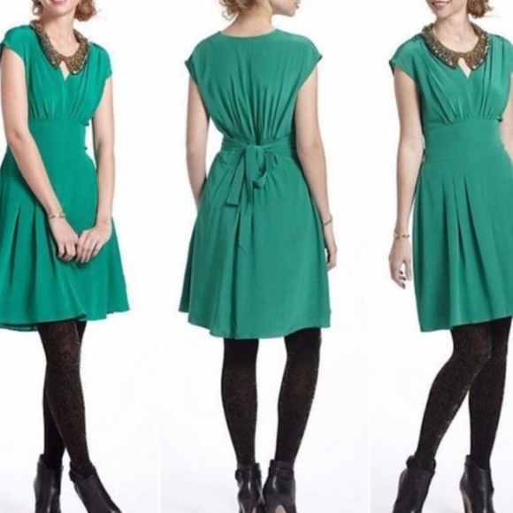 Anthropologie LIL Emerald Green Silk Draped Tie Back Dress - Picture 1 of 11